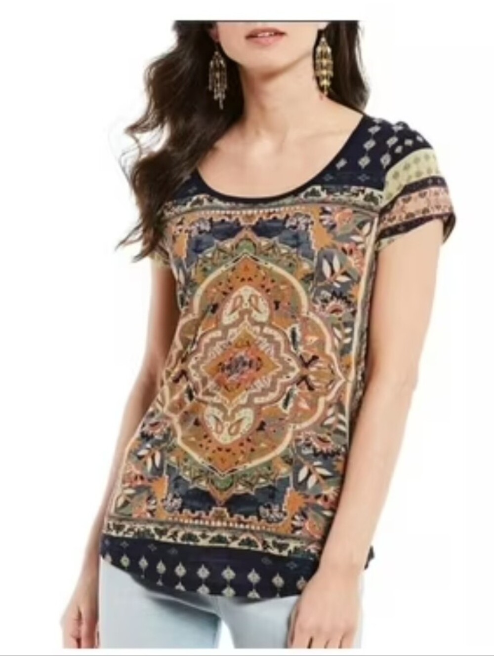 Lucky Brand Short Sleeve Scoop Neck Top in Navy, Orange and Cream